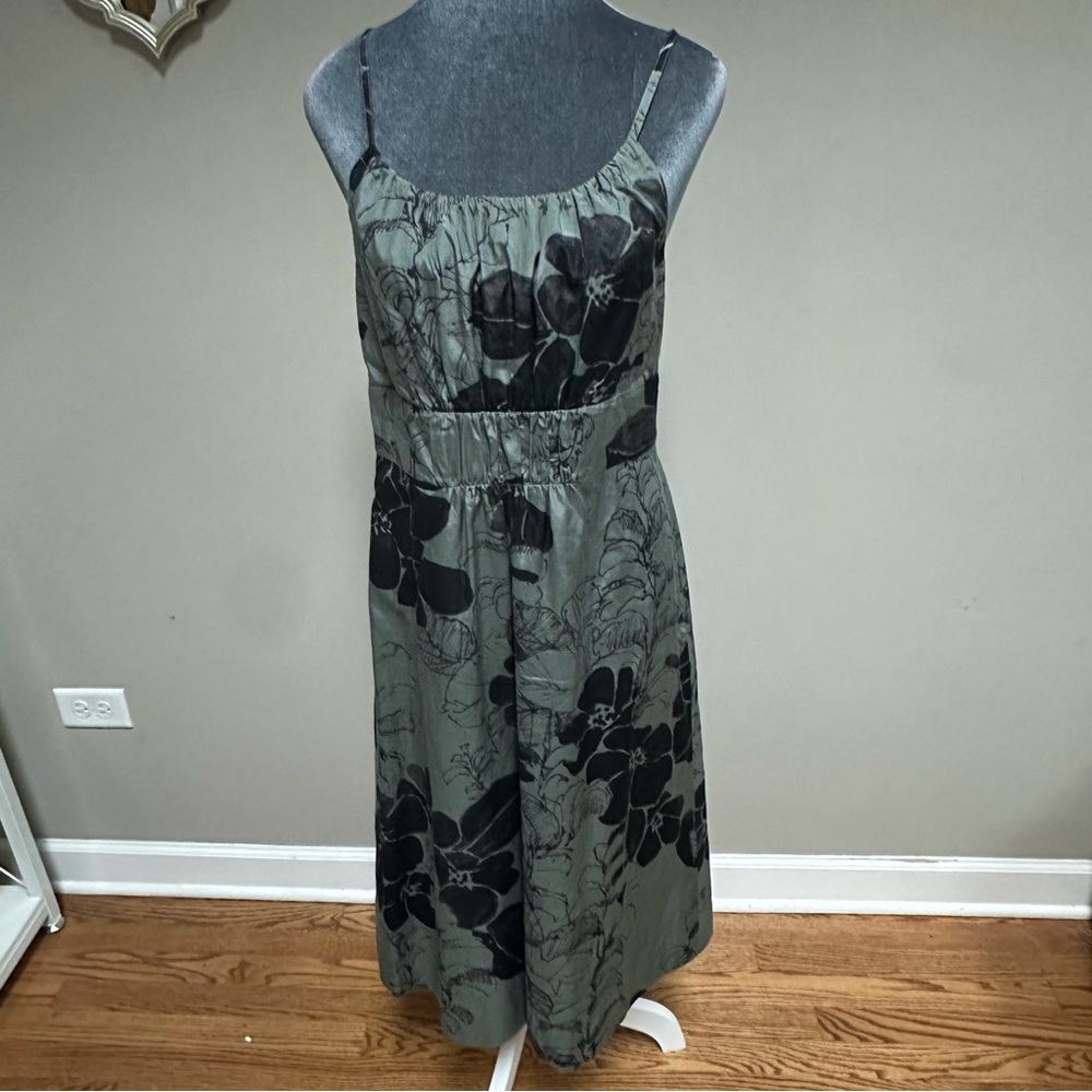 Barneys New York Taste Luxury Humor Green Grey Bold Floral Print Dress Silk 4